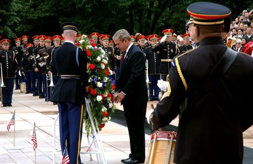 President Bush visits Arlington National Cemetary on Memorial Day and lays a wreath at the Tomb of the Unknown Soldier
