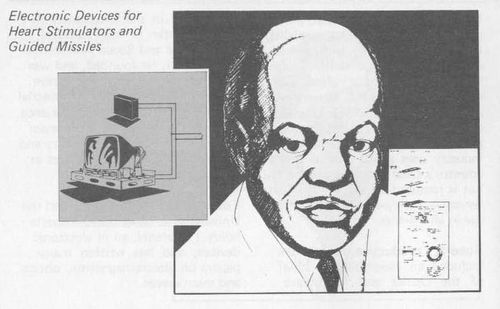 Ink drawing of Otis Boykin and resistor he made that is used in heart simulators and guided missiles